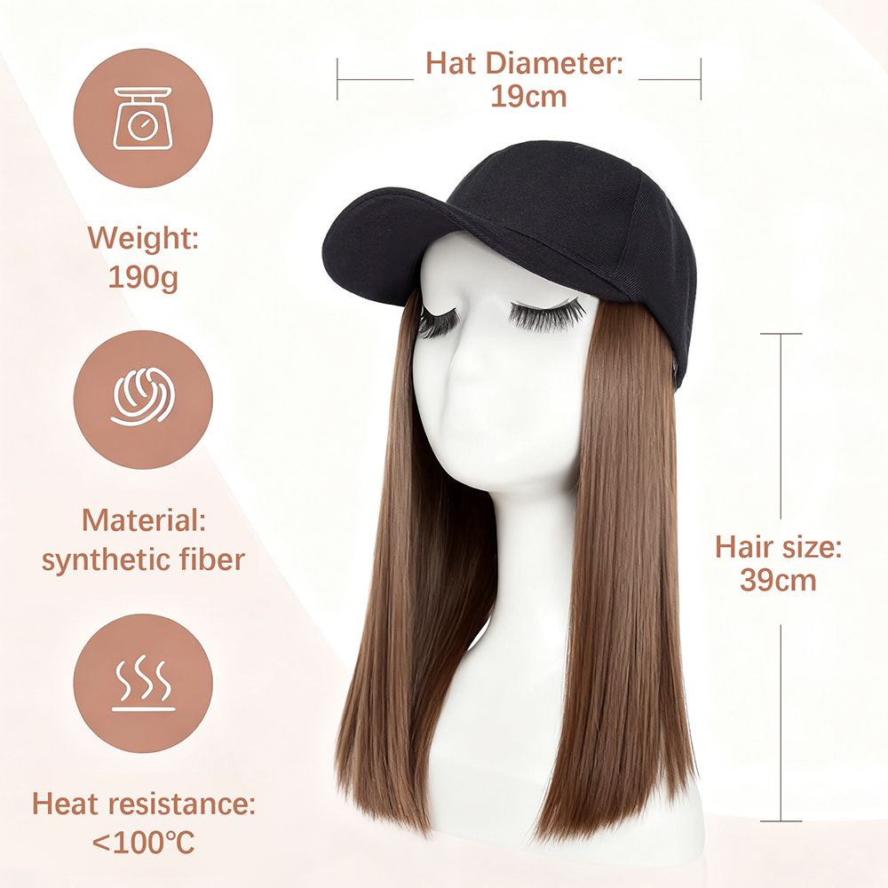 Women’s Wig Cap 2-in-1 Baseball Cap with Built-in Long Straight Brown Wig – Black Hat, Female Adjustable Fashion Cap Natural Hair for Lady, Instant Volume