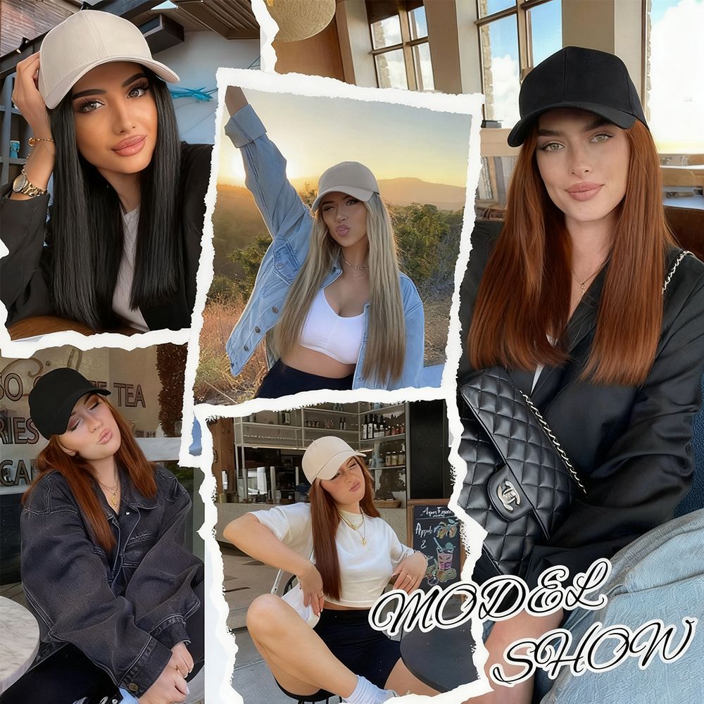 Women’s Wig Cap 2-in-1 Baseball Cap with Built-in Long Straight Brown Wig – Black Hat, Female Adjustable Fashion Cap Natural Hair for Lady, Instant Volume