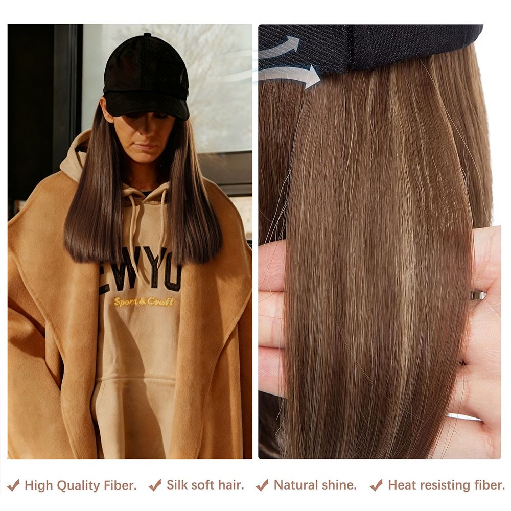 Women’s Wig Cap 2-in-1 Baseball Cap with Built-in Long Straight Brown Wig – Black Hat, Female Adjustable Fashion Cap Natural Hair for Lady, Instant Volume
