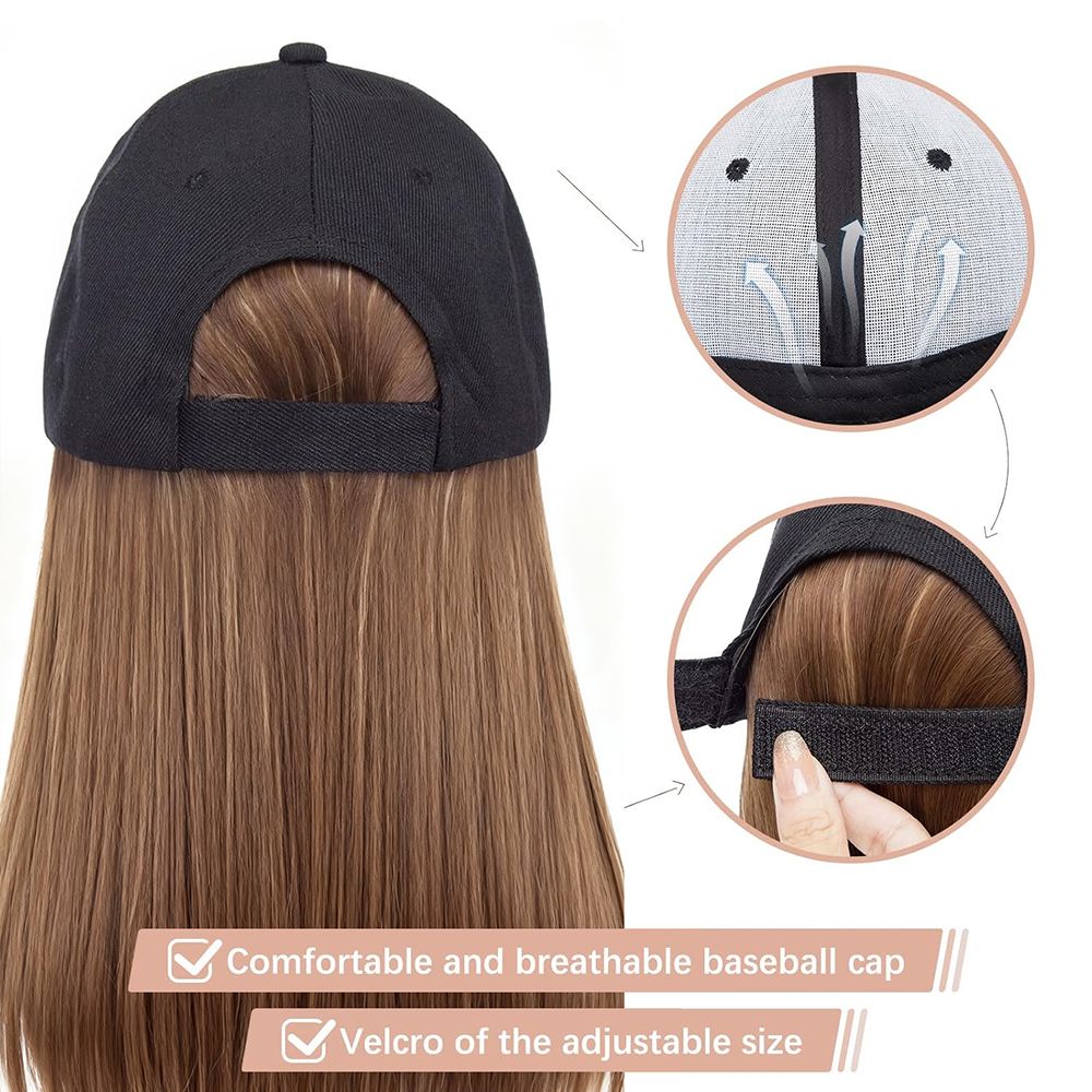 Women’s Wig Cap 2-in-1 Baseball Cap with Built-in Long Straight Brown Wig – Black Hat, Female Adjustable Fashion Cap Natural Hair for Lady, Instant Volume