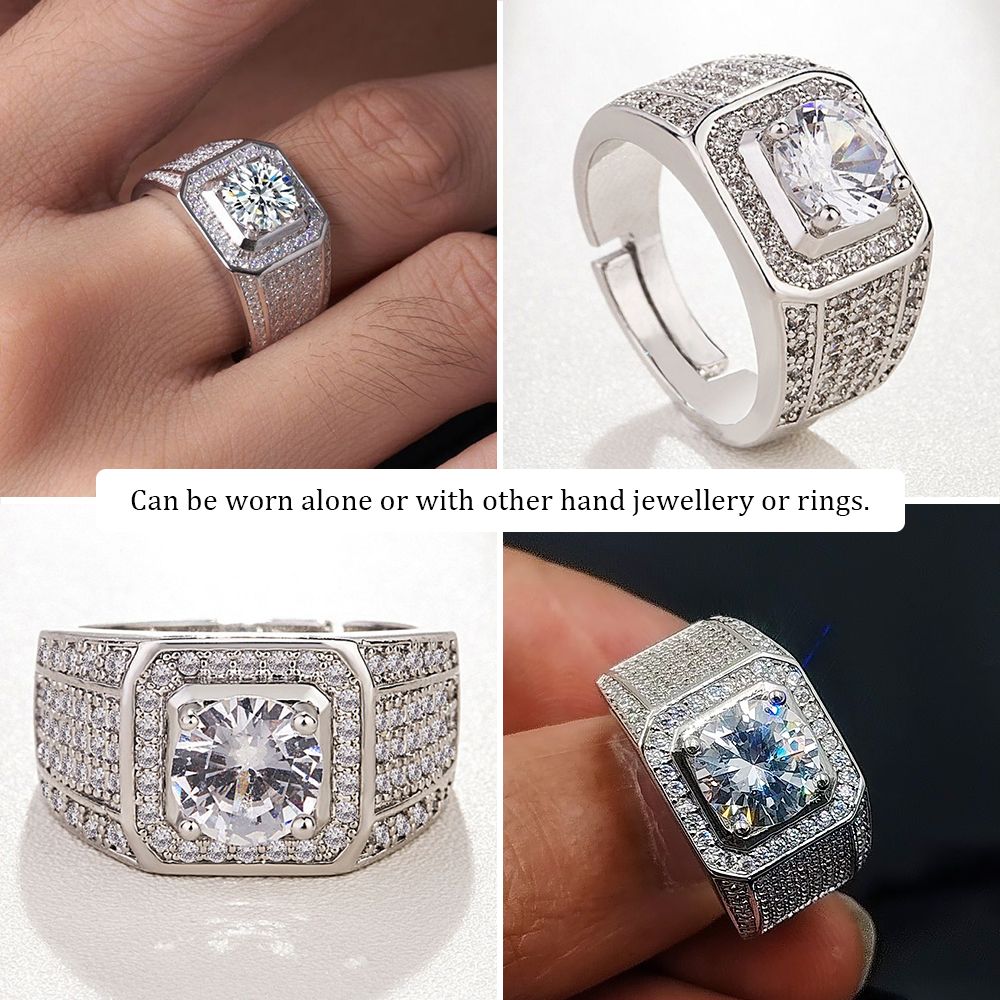 Men's Luxury Diamond Rings Full Star Deluxe Ring with Square Crystal Zirconia - Silver