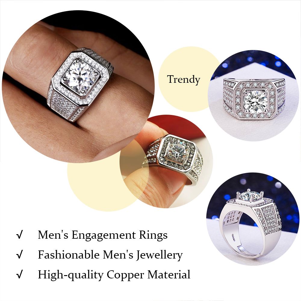 Men's Luxury Diamond Rings Full Star Deluxe Ring with Square Crystal Zirconia - Silver
