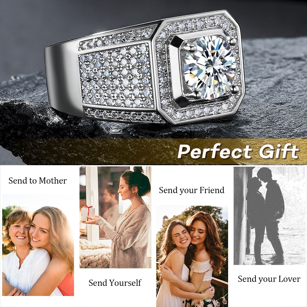 Men's Luxury Diamond Rings Full Star Deluxe Ring with Square Crystal Zirconia - Silver