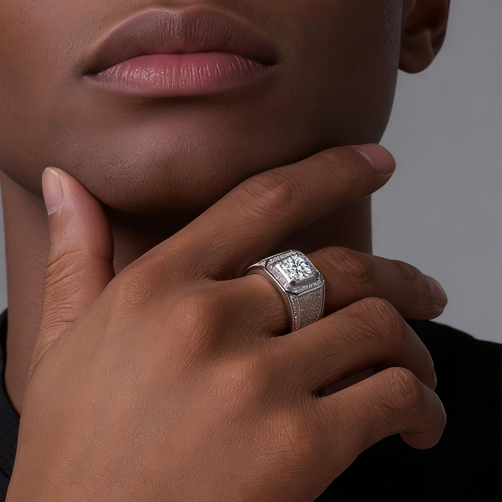 Men's Luxury Diamond Rings Full Star Deluxe Ring with Square Crystal Zirconia - Silver