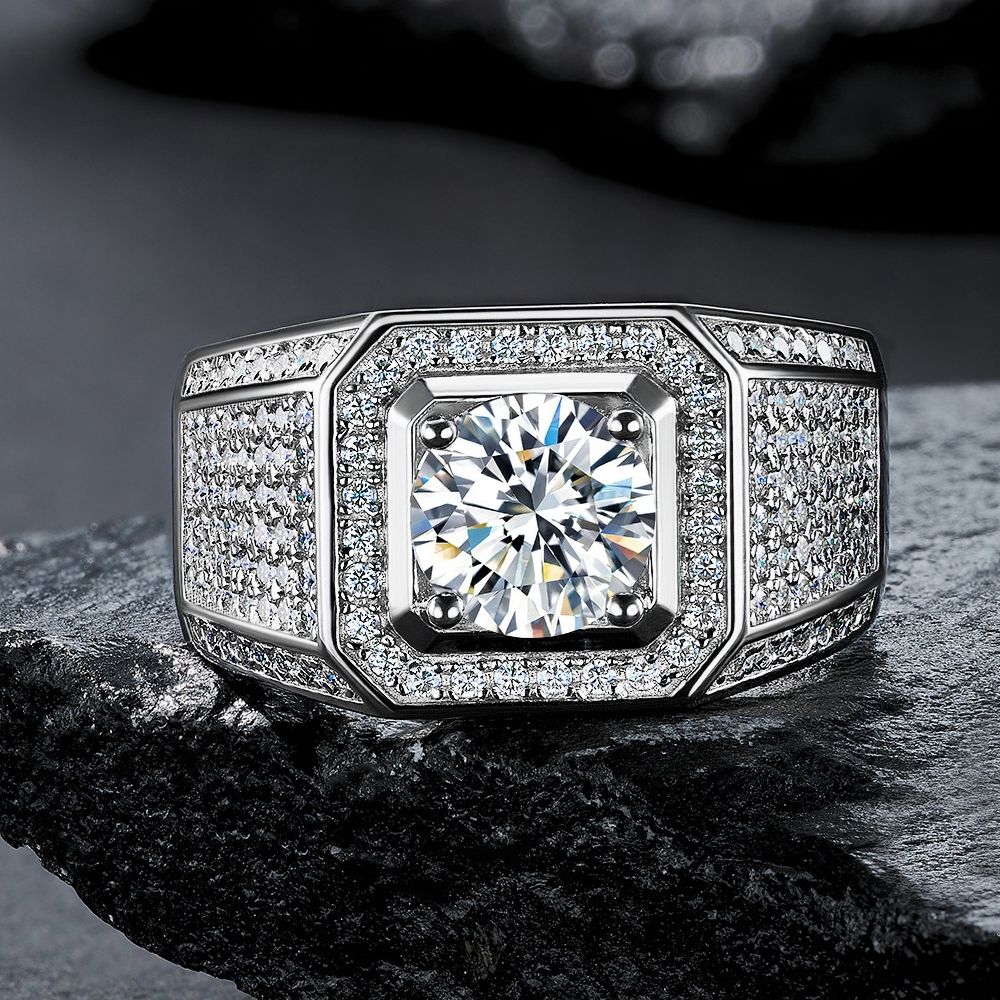 Men's Luxury Diamond Rings Full Star Deluxe Ring with Square Crystal Zirconia - Silver