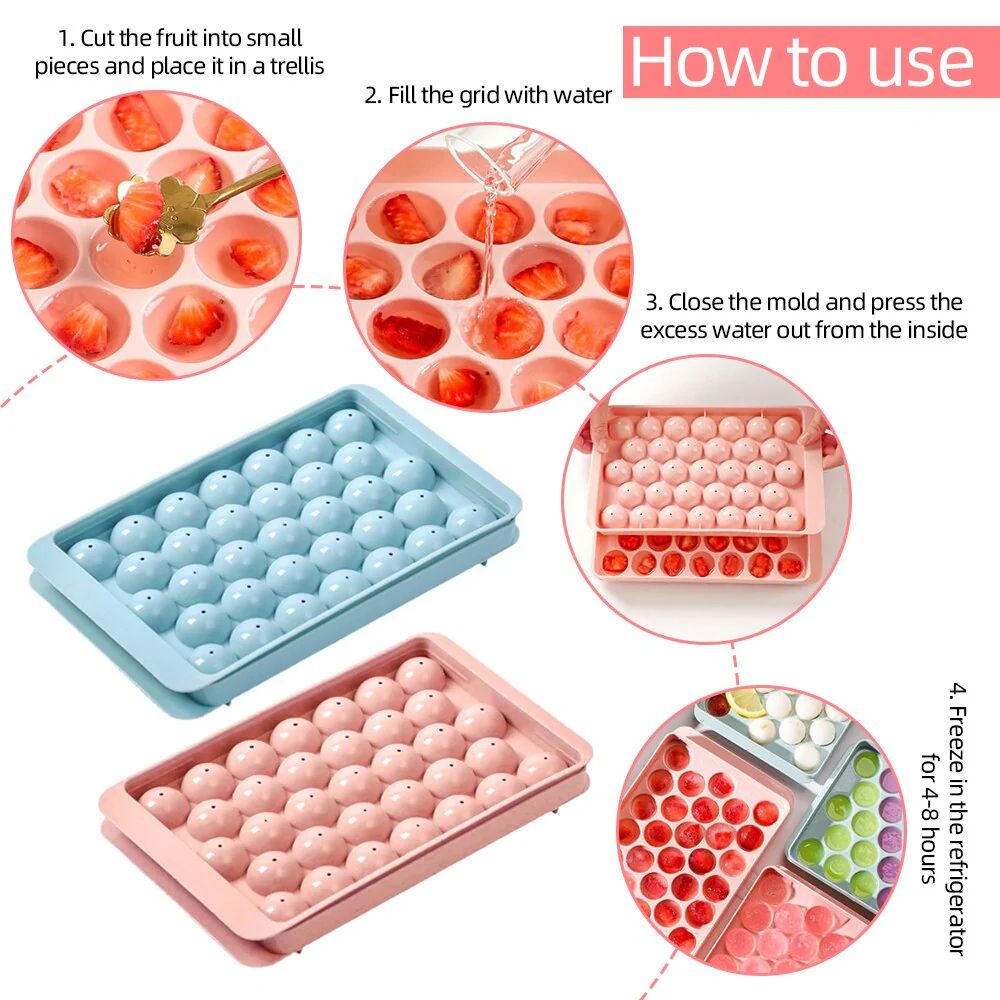 2pcs/set 33-Cavity Round Silicone Ice Cube Tray with Lid - Reusable Freezer Mold for Ice Cream & Frozen Treats Ice Maker