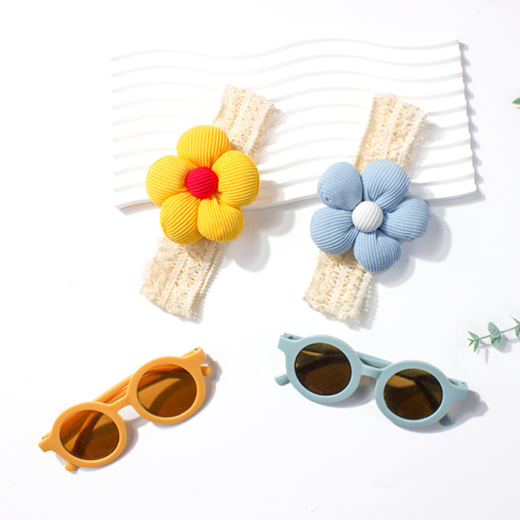 Kids 2-Piece Set Floral Headband + Round Sunglasses Cute Baby Turban Hat Cotton Soft Elastic Headwrap Safe for Boys and Girls 0-3 Years Toddler Newborn Caps / Kichwa cha Maua kwa Watoto Wache wa Kike