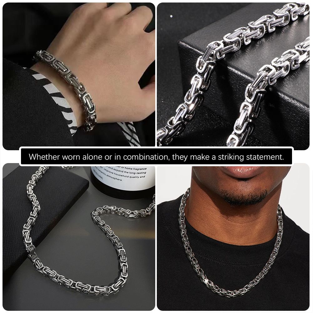 Men's Byzantine Chain Necklace Bracelets 8MM Stainless Steel Thick Heavy Chain Link Hip Hop Jewellery for Boys (50cm / 20cm)