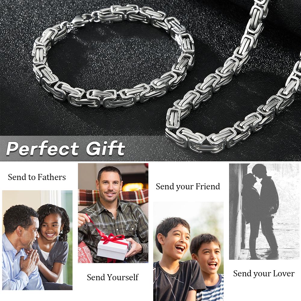 Men's Byzantine Chain Necklace Bracelets 8MM Stainless Steel Thick Heavy Chain Link Hip Hop Jewellery for Boys (50cm / 20cm)