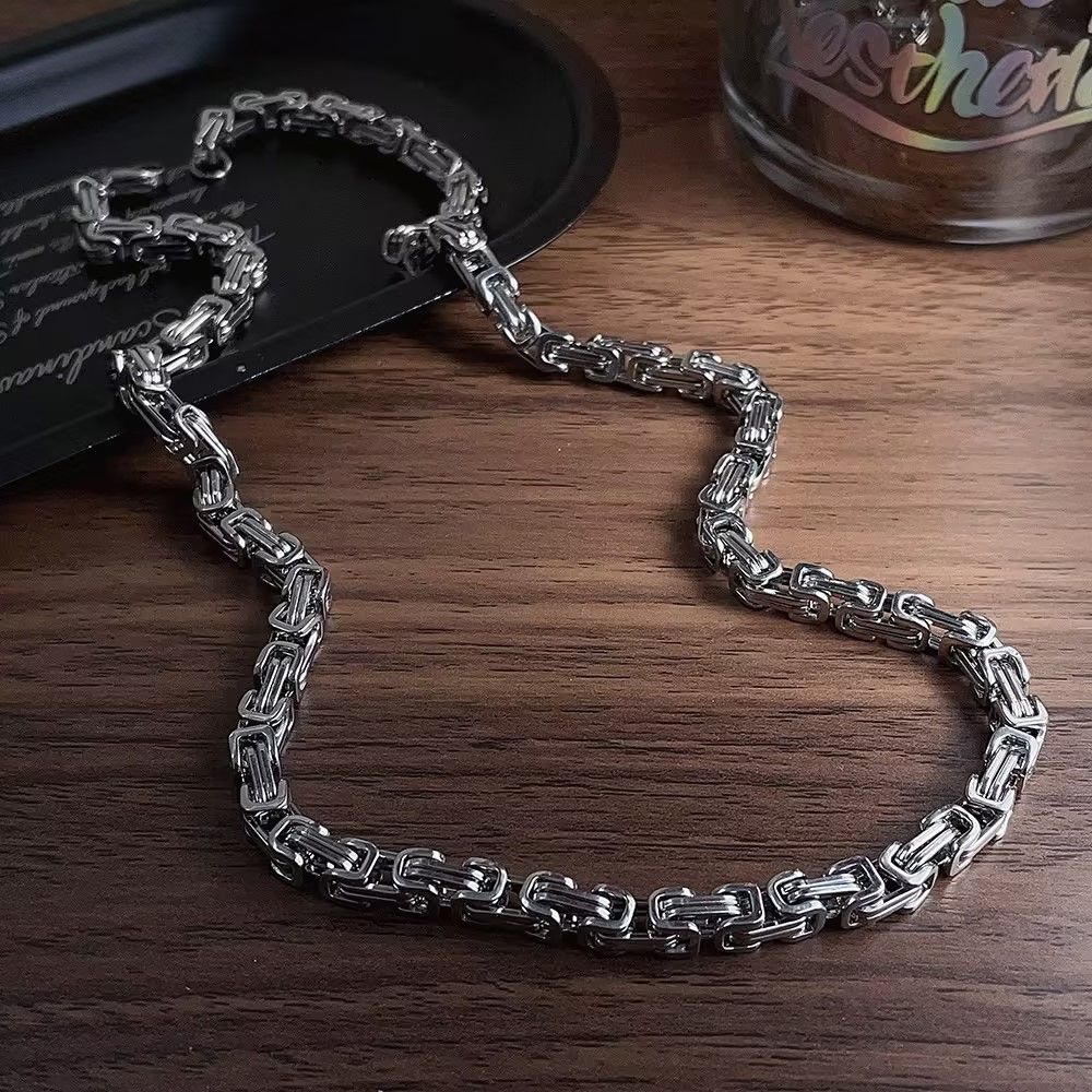 Men's Byzantine Chain Necklace Bracelets 8MM Stainless Steel Thick Heavy Chain Link Hip Hop Jewellery for Boys (50cm / 20cm)