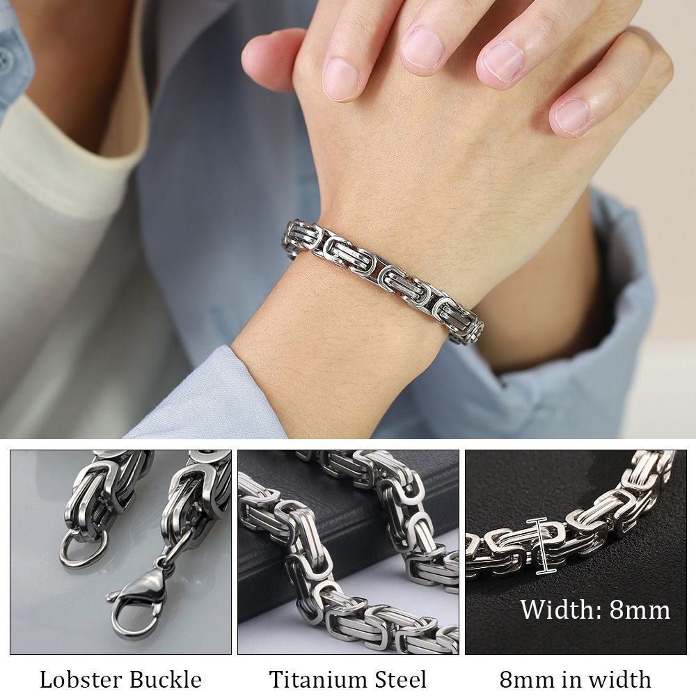 Men's Byzantine Chain Necklace Bracelets 8MM Stainless Steel Thick Heavy Chain Link Hip Hop Jewellery for Boys (50cm / 20cm)