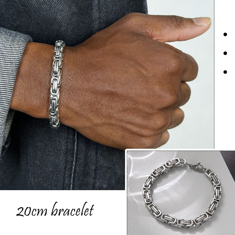 Men's Byzantine Chain Necklace Bracelets 8MM Stainless Steel Thick Heavy Chain Link Hip Hop Jewellery for Boys (50cm / 20cm)