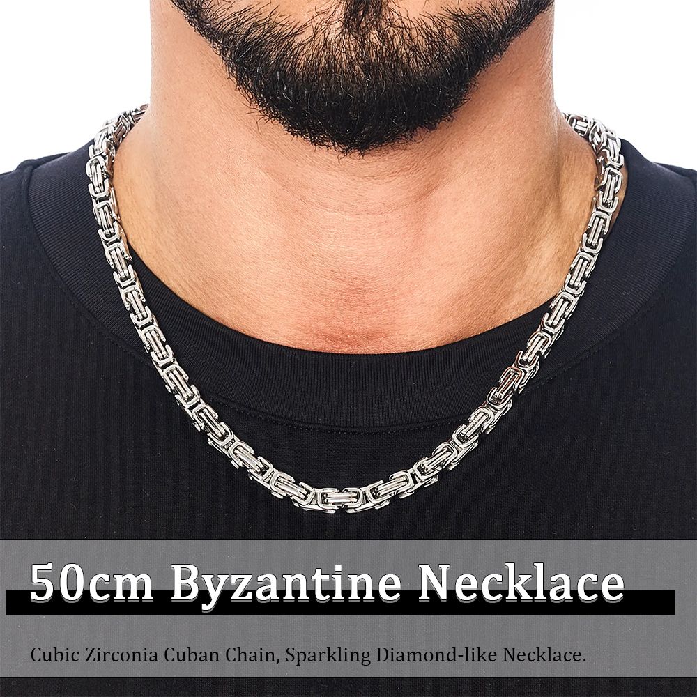 Men's Byzantine Chain Necklace Bracelets 8MM Stainless Steel Thick Heavy Chain Link Hip Hop Jewellery for Boys (50cm / 20cm)
