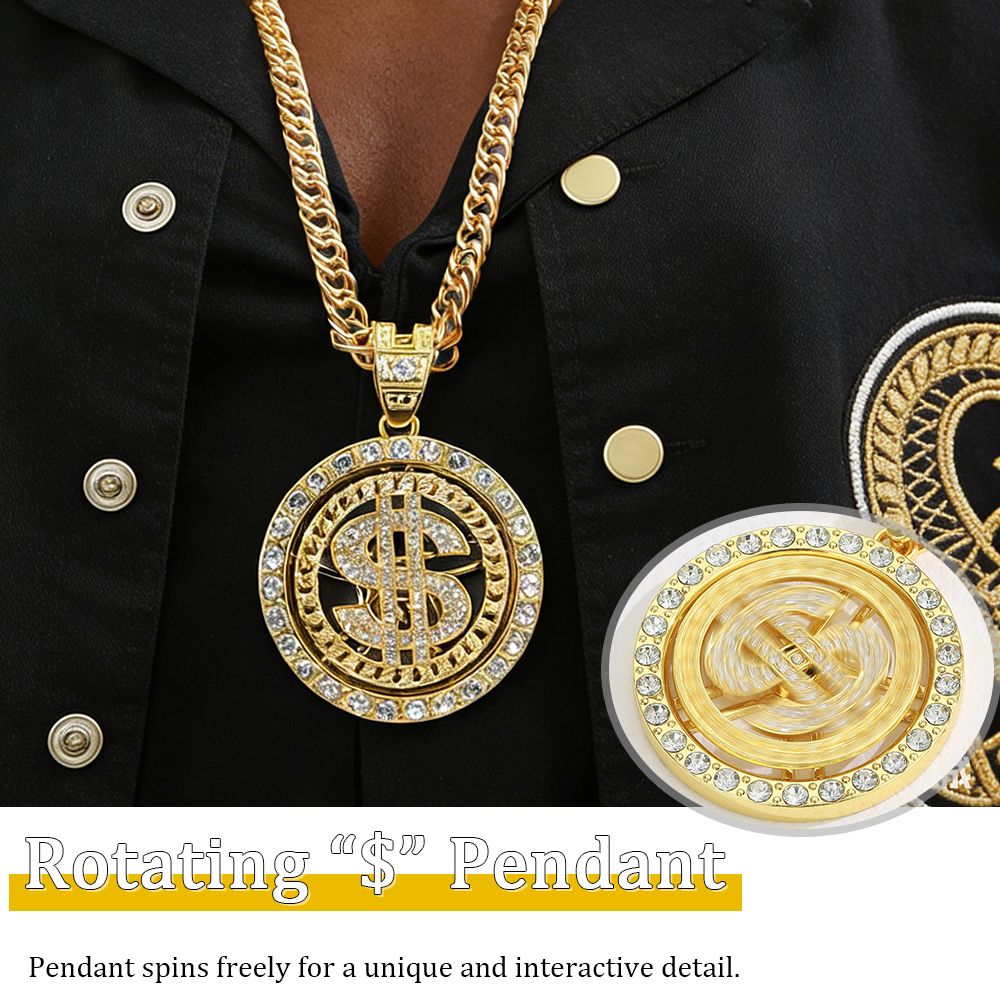 360° Rotating $ Sign Diamond Pendant Necklace Cuban Link Chain Hip Hop Jewelry for Men / Mkufu wa $ Unaozunguka 360°