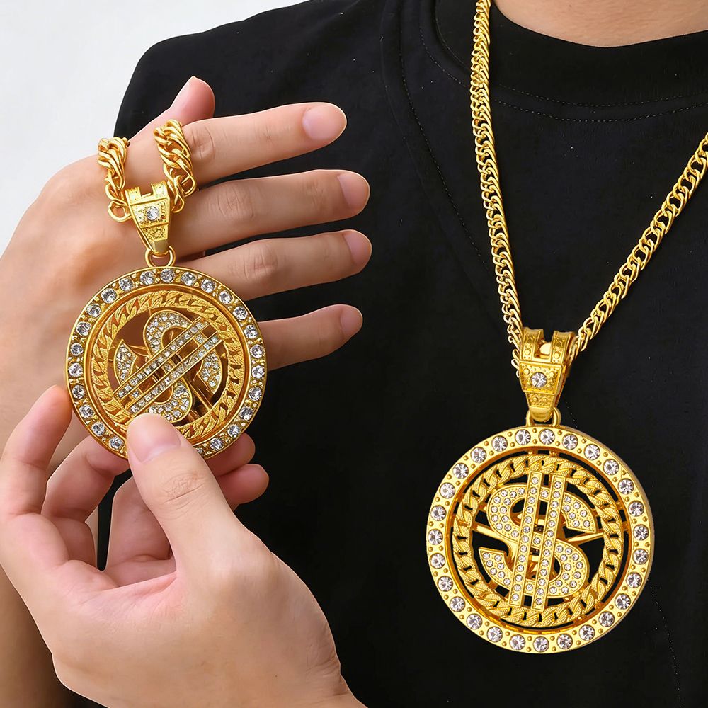 360° Rotating $ Sign Diamond Pendant Necklace Cuban Link Chain Hip Hop Jewelry for Men / Mkufu wa $ Unaozunguka 360°