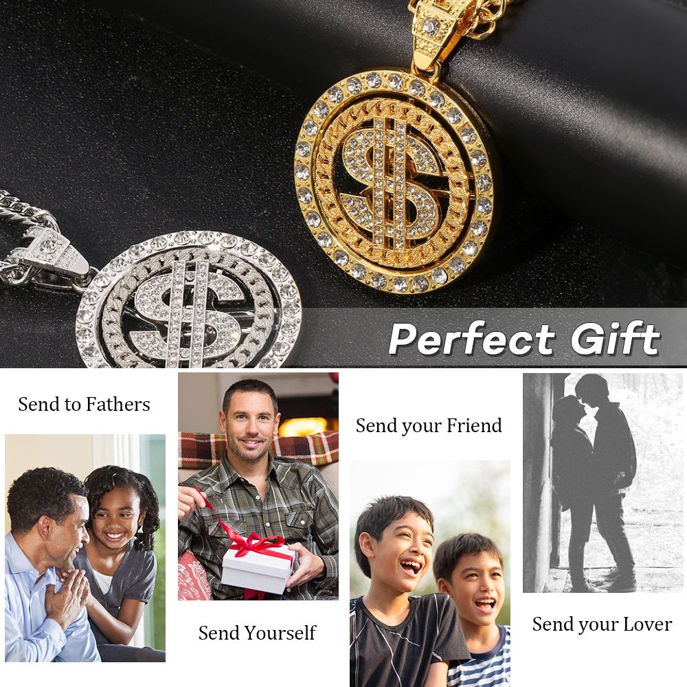 360° Rotating $ Sign Diamond Pendant Necklace Cuban Link Chain Hip Hop Jewelry for Men / Mkufu wa $ Unaozunguka 360°