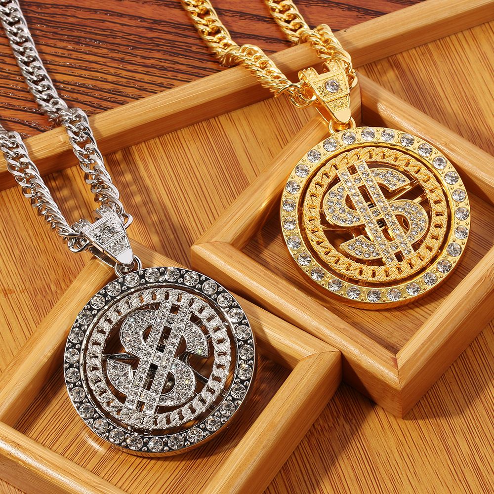360° Rotating $ Sign Diamond Pendant Necklace Cuban Link Chain Hip Hop Jewelry for Men / Mkufu wa $ Unaozunguka 360°