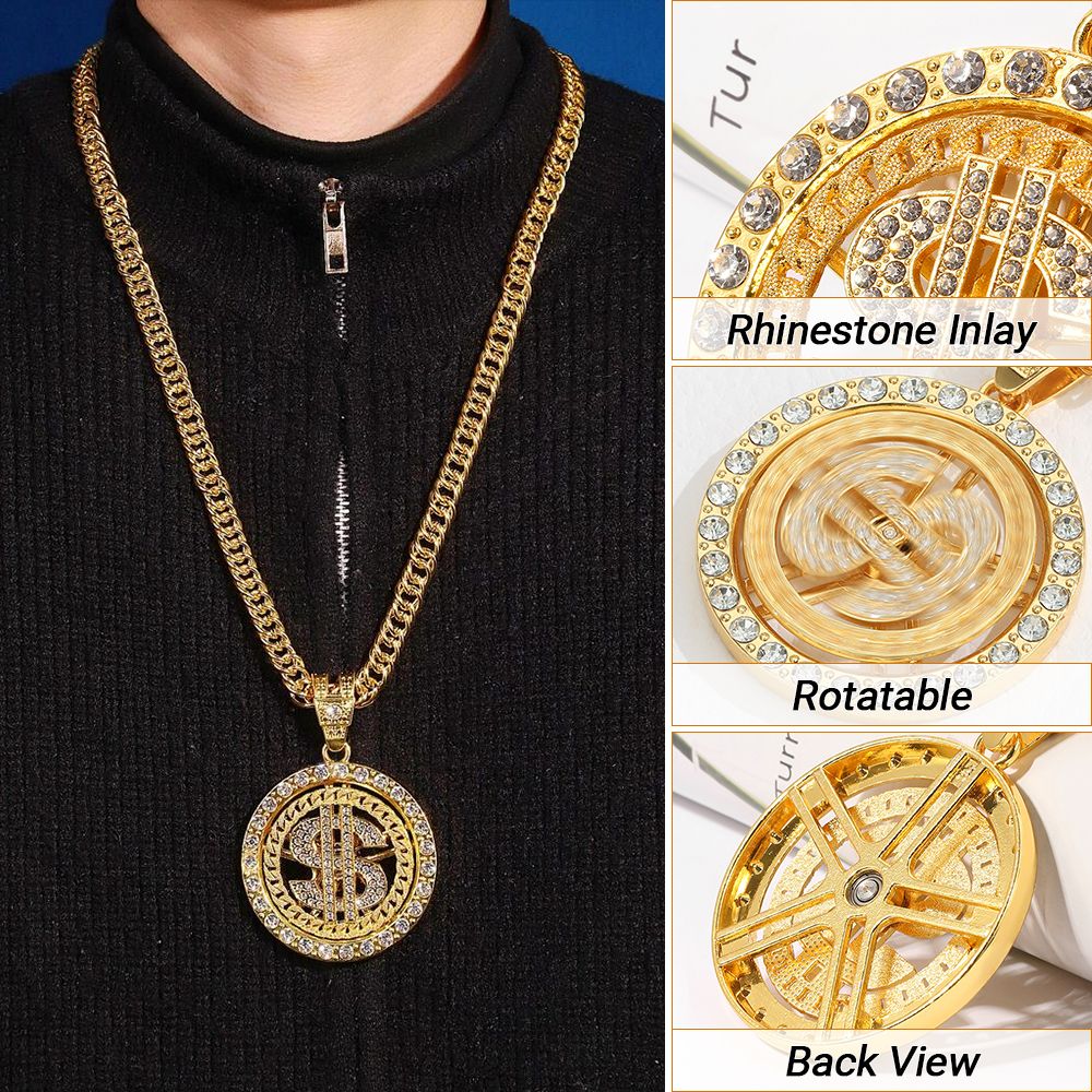 360° Rotating $ Sign Diamond Pendant Necklace Cuban Link Chain Hip Hop Jewelry for Men / Mkufu wa $ Unaozunguka 360°
