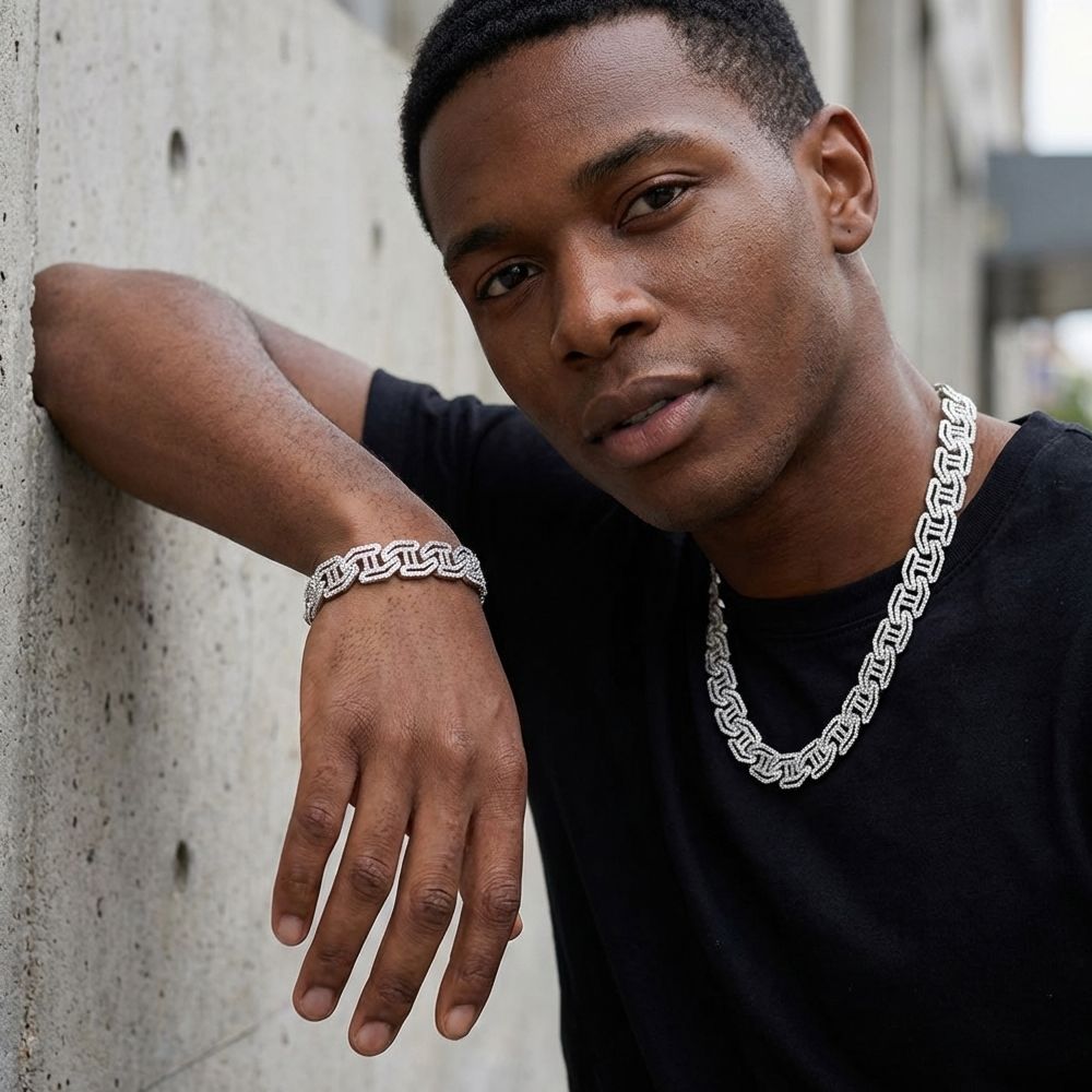 Luxury High Quality Iced Out 16mm Miami Cuban Link Chain Necklace Bracelet Rhinestone Bling Hip Hop Jewelry - Silver