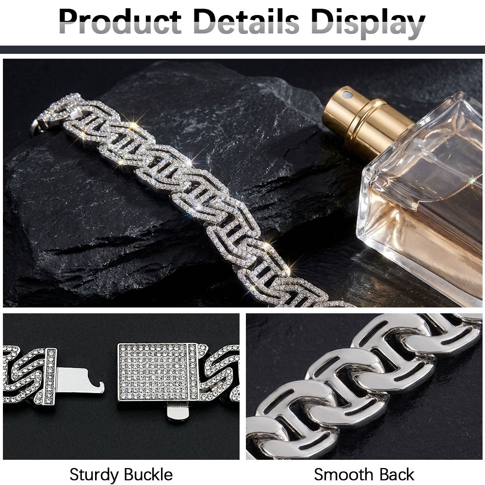 Luxury High Quality Iced Out 16mm Miami Cuban Link Chain Necklace Bracelet Rhinestone Bling Hip Hop Jewelry - Silver