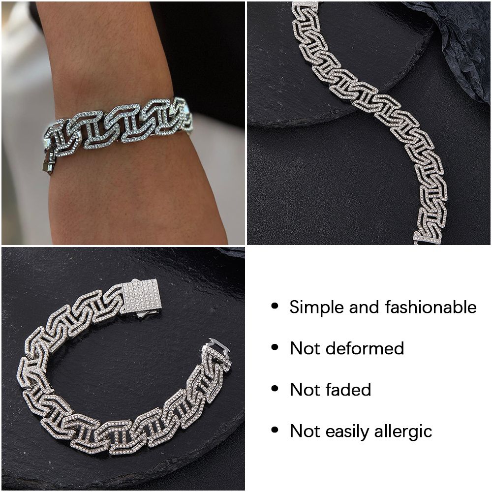 Luxury High Quality Iced Out 16mm Miami Cuban Link Chain Necklace Bracelet Rhinestone Bling Hip Hop Jewelry - Silver