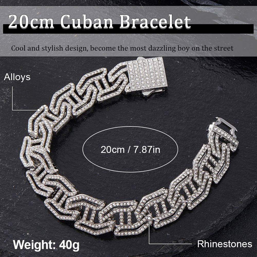 Luxury High Quality Iced Out 16mm Miami Cuban Link Chain Necklace Bracelet Rhinestone Bling Hip Hop Jewelry - Silver