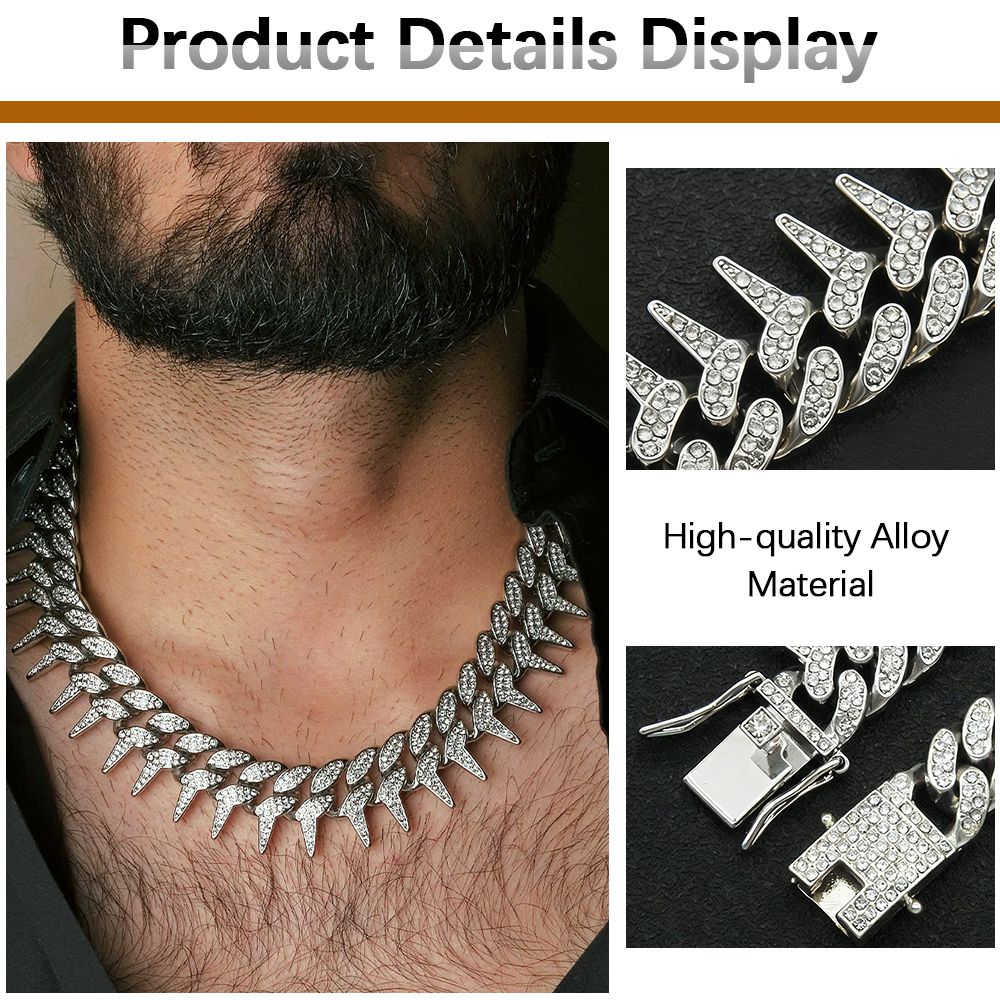 Cuban Link Chain for Men Women Bling Miami Necklace/Bracelet Iced Out Chain with Thorns Diamond Cubic-Zirconia Hip Hop Jewelry - Silver