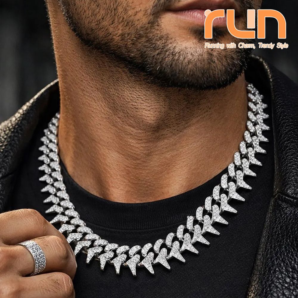 Cuban Link Chain for Men Women Bling Miami Necklace/Bracelet Iced Out Chain with Thorns Diamond Cubic-Zirconia Hip Hop Jewelry - Silver