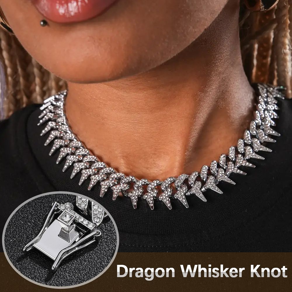 Cuban Link Chain for Men Women Bling Miami Necklace/Bracelet Iced Out Chain with Thorns Diamond Cubic-Zirconia Hip Hop Jewelry - Silver