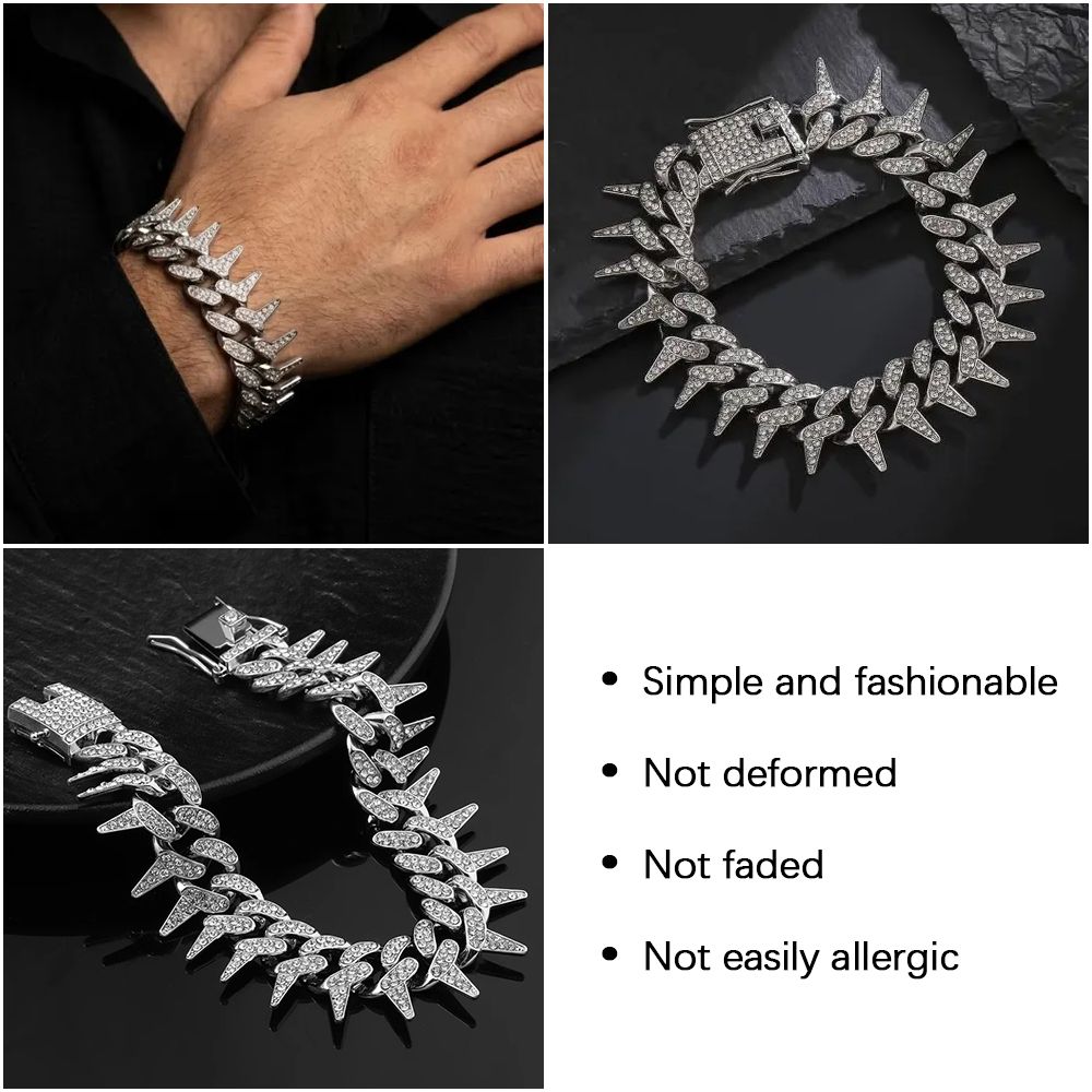 Cuban Link Chain for Men Women Bling Miami Necklace/Bracelet Iced Out Chain with Thorns Diamond Cubic-Zirconia Hip Hop Jewelry - Silver