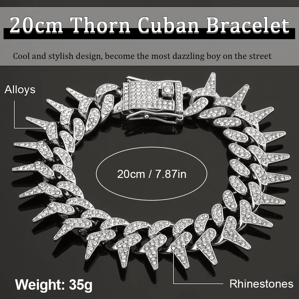 Cuban Link Chain for Men Women Bling Miami Necklace/Bracelet Iced Out Chain with Thorns Diamond Cubic-Zirconia Hip Hop Jewelry - Silver