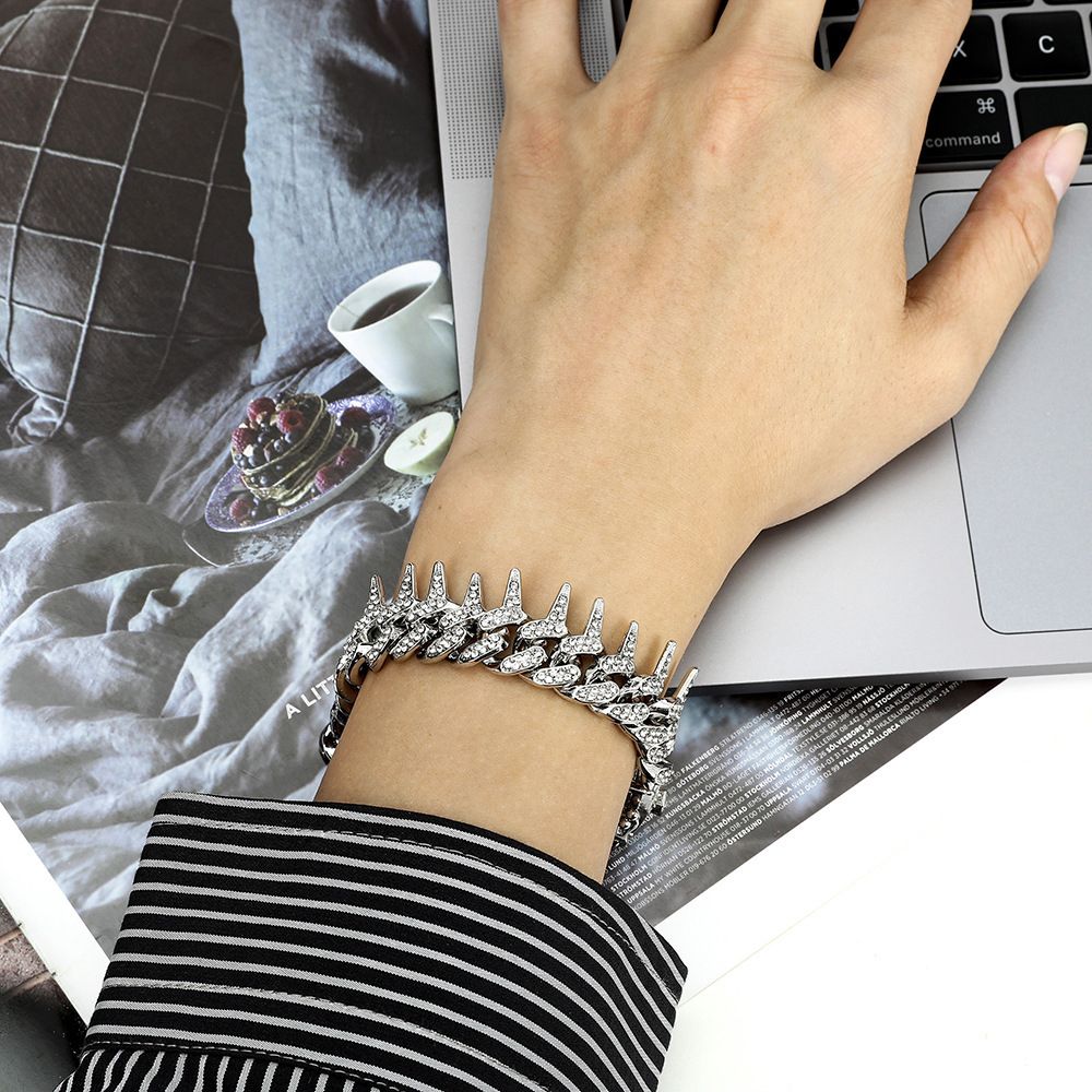 Cuban Link Chain for Men Women Bling Miami Necklace/Bracelet Iced Out Chain with Thorns Diamond Cubic-Zirconia Hip Hop Jewelry - Silver