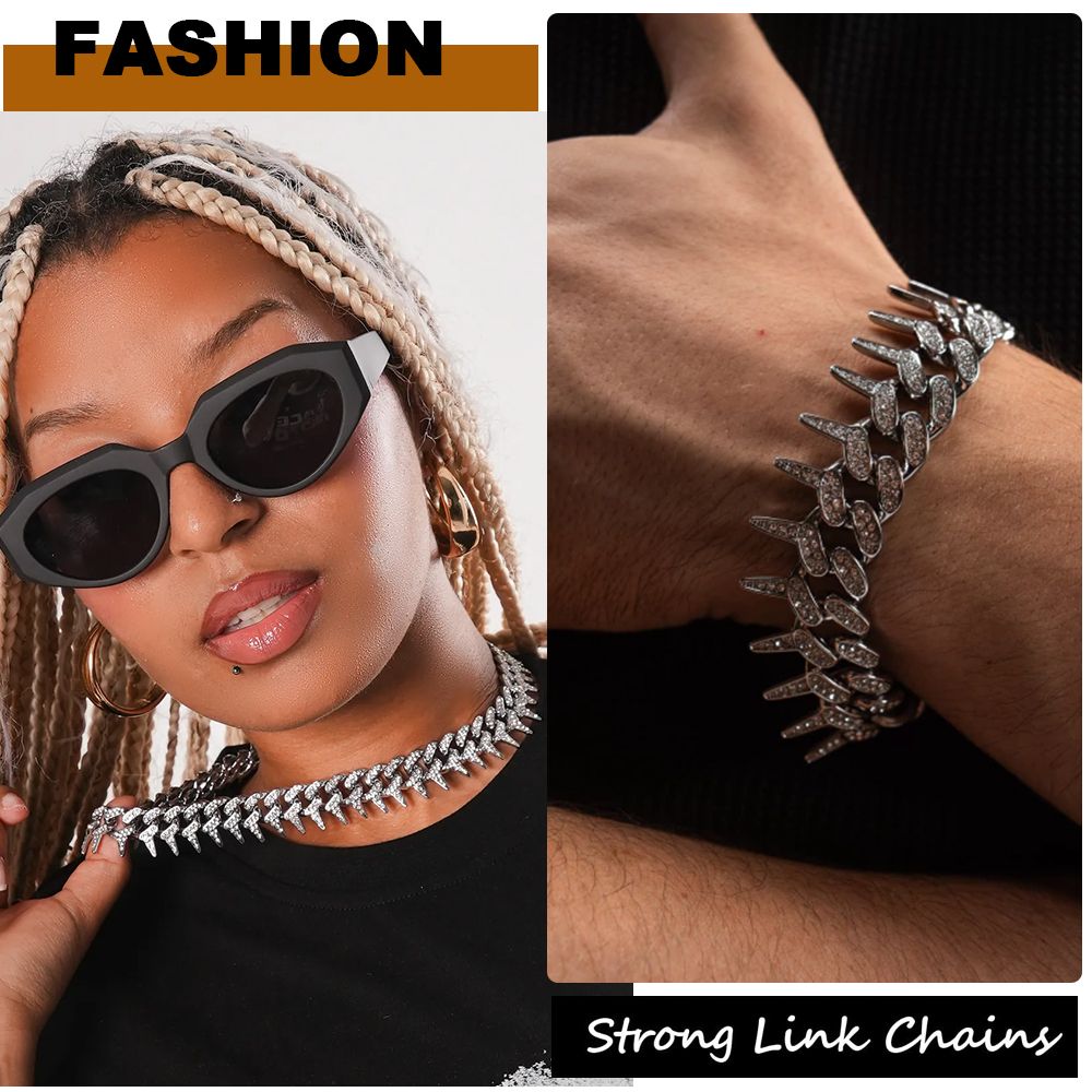 Cuban Link Chain for Men Women Bling Miami Necklace/Bracelet Iced Out Chain with Thorns Diamond Cubic-Zirconia Hip Hop Jewelry - Silver