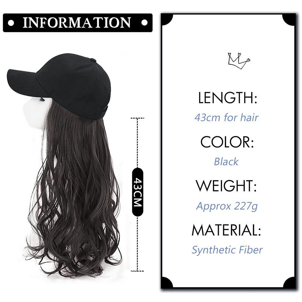 2-in-1 Women Baseball Cap with Long Curly Hair Instant Style Fashion Hat Wig Female Natural Hair for Lady Adjustable Headwear - Black