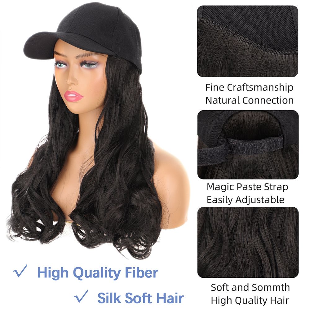 2-in-1 Women Baseball Cap with Long Curly Hair Instant Style Fashion Hat Wig Female Natural Hair for Lady Adjustable Headwear - Black