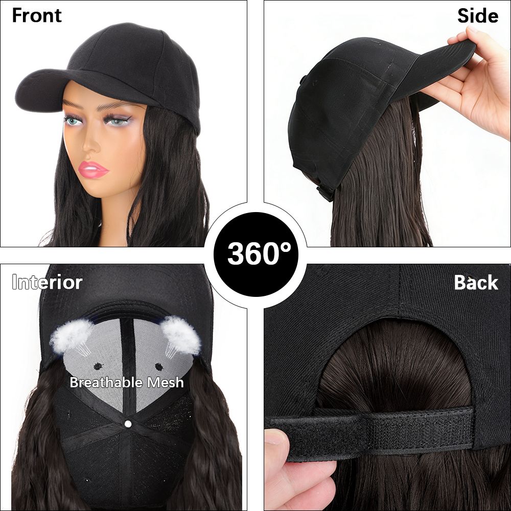 2-in-1 Women Baseball Cap with Long Curly Hair Instant Style Fashion Hat Wig Female Natural Hair for Lady Adjustable Headwear - Black