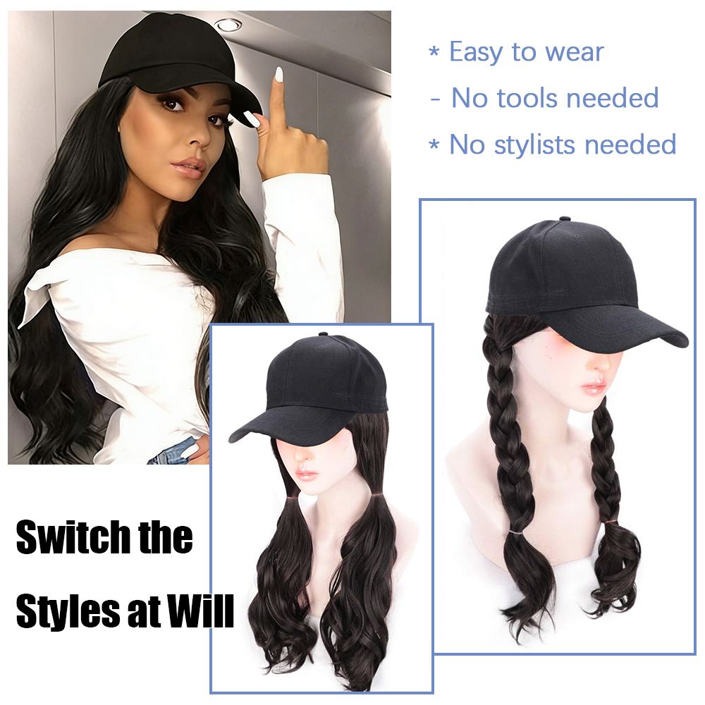 2-in-1 Women Baseball Cap with Long Curly Hair Instant Style Fashion Hat Wig Female Natural Hair for Lady Adjustable Headwear - Black