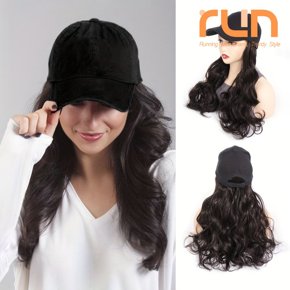 2-in-1 Women Baseball Cap with Long Curly Hair Instant Style Fashion Hat Wig Female Natural Hair for Lady Adjustable Headwear - Black