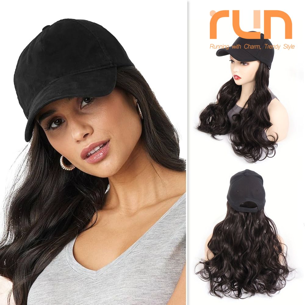 2-in-1 Women Baseball Cap with Long Curly Hair Instant Style Fashion Hat Wig Female Natural Hair for Lady Adjustable Headwear - Black
