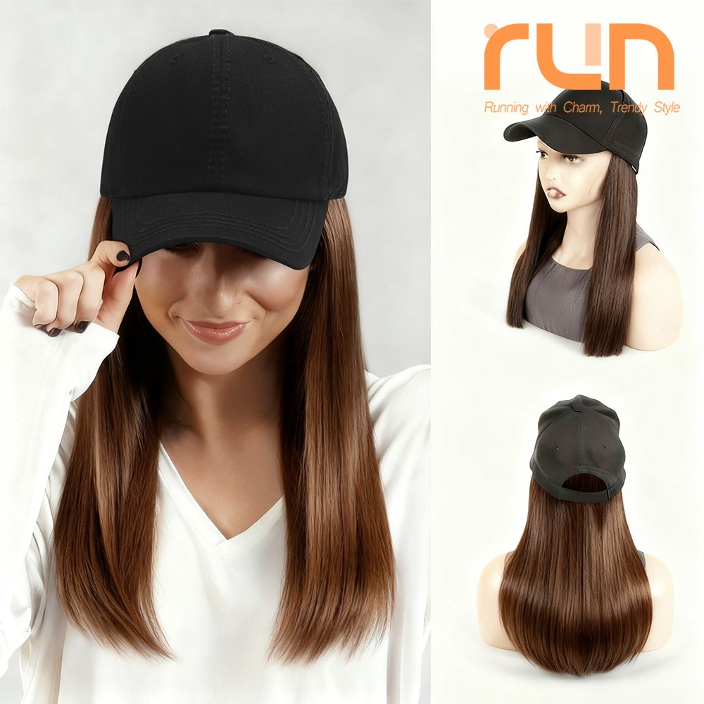 Women’s Wig Cap 2-in-1 Baseball Cap with Built-in Long Straight Brown Wig – Black Hat, Female Adjustable Fashion Cap Natural Hair for Lady, Instant Volume