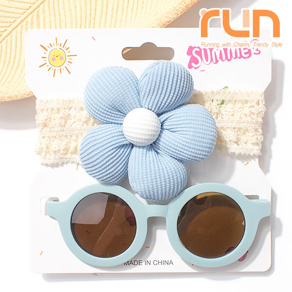 Kids 2-Piece Set Floral Headband + Round Sunglasses Cute Baby Turban Hat Cotton Soft Elastic Headwrap Safe for Boys and Girls 0-3 Years Toddler Newborn Caps / Kichwa cha Maua kwa Watoto Wache wa Kike