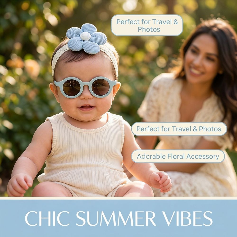 Kids 2-Piece Set Floral Headband + Round Sunglasses Cute Baby Turban Hat Cotton Soft Elastic Headwrap Safe for Boys and Girls 0-3 Years Toddler Newborn Caps / Kichwa cha Maua kwa Watoto Wache wa Kike