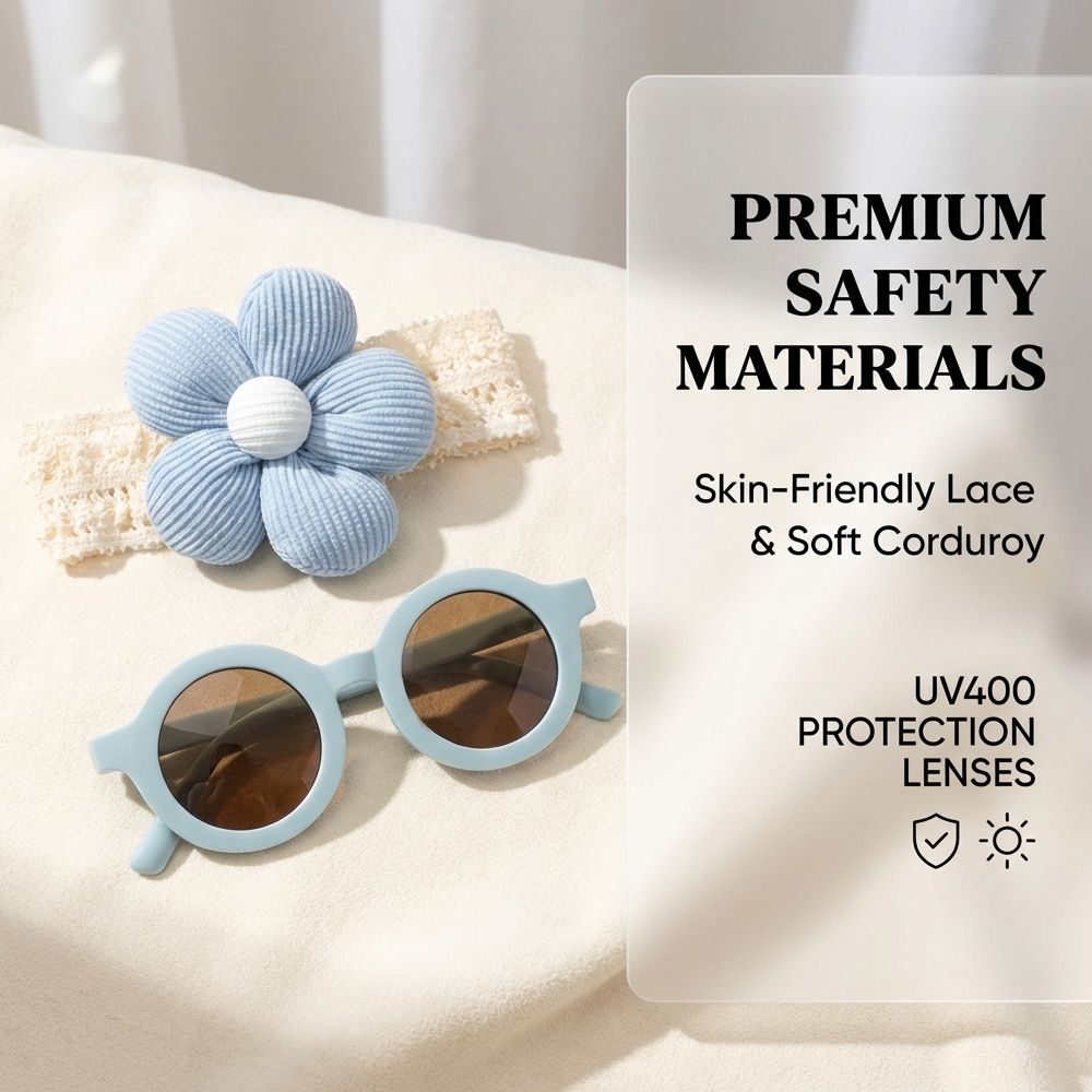 Kids 2-Piece Set Floral Headband + Round Sunglasses Cute Baby Turban Hat Cotton Soft Elastic Headwrap Safe for Boys and Girls 0-3 Years Toddler Newborn Caps / Kichwa cha Maua kwa Watoto Wache wa Kike