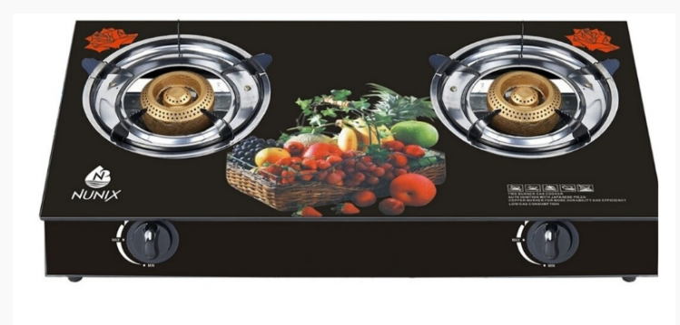 Nunix Glass Table Top Double Burner Gas Stove – High-Efficiency, Durable, Portable, Easy-to-Clean Cooktop for Home and Outdoor Use – Sleek Design, Energy-Saving, LPG Compatible Black