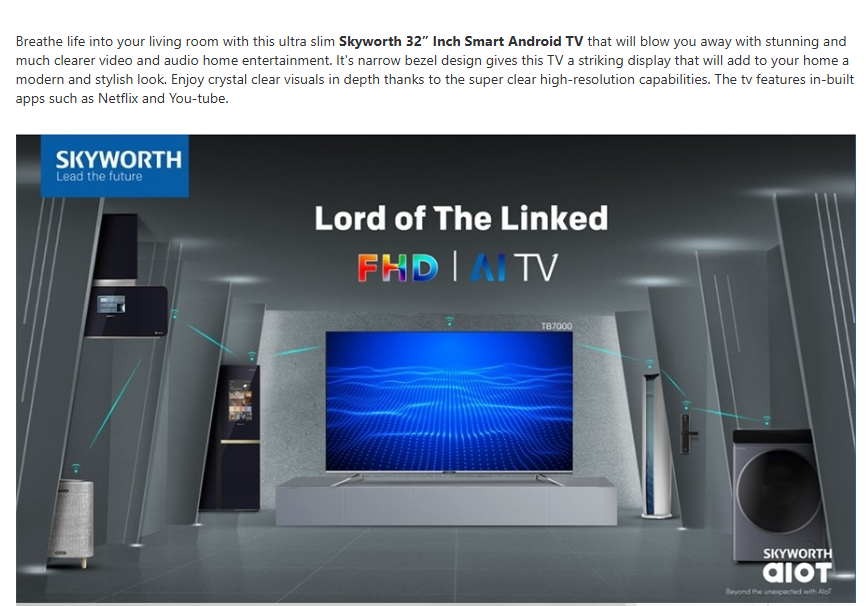 Skyworth 32-Inch FHD Smart TV – Crisp 1080p Display, Vibrant Colors & Seamless Streaming