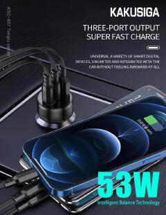 New Arrival KAKUSIGA Universal 53W Dual PD + QC3.0 Car Charger | Three-Port Super Fast Charging Adapter | USB & Type-C Fast Charger | Ideal for Cars, SUVs, Trucks & Travel