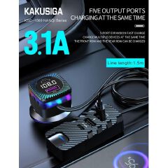New Arrival KAKUSIGA LED Colourful 5-Port Bluetooth FM Transmitter | Wireless Car MP3 Player | USB Fast Charger | Multiple USB Ports | Hands-Free Calling | Ideal for Cars, SUVs & Travel