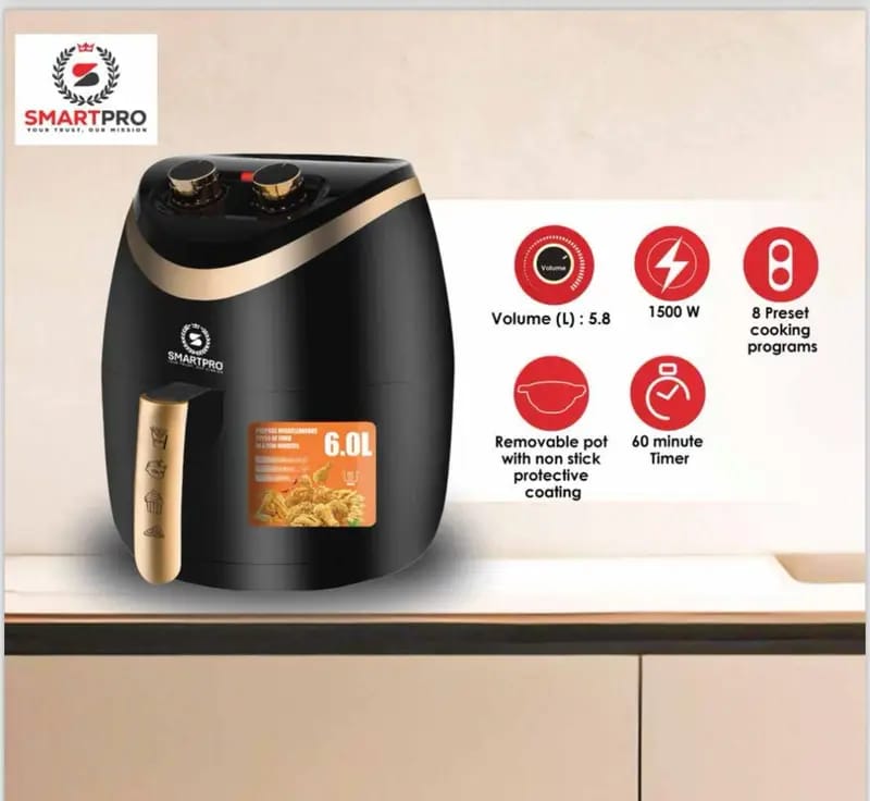 🔥Get it Easy🍂🔥smartpro air fryer model 232 B.5.8L capacity
1500 Watt power
8 preset cooking programs
removable pot with non stick protective coating
60 minute timer
Cooks food with little to no oil