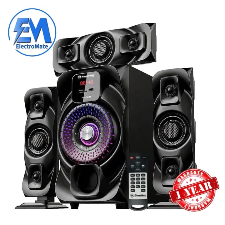 Em Electromate 3.1CH Subwoofer Home Theatre Multi Media Bluetooth Speaker System.Built-In Powerful Amplifier 
Stereo FM Radio
Bluetooth Function
Supports USB, USB & Micro SD card
MP3,AUX Compatible
Fu
