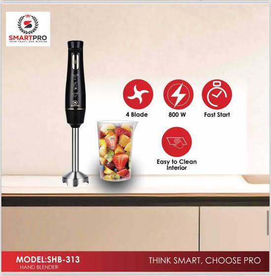 Quality  SmartPro Hand Blender.✅600ml blender Jar
✅Stainless Steel 4 Blades
✅1000 Watts
✅Ideal for blending Soups, baby food, Smoothies and Vegetable puree